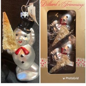NIB Dillard's Trimmings Top Hat Snowmen CHRISTMAS ORNAMENTS Glass Ornaments